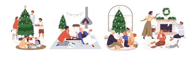 christmas set with happy families with children at home, preparing xmas gifts, letters and decoratin