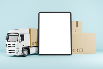Wall Mural - Abstract truck with cardboard box and empty white pad on blue background. Logistics, storage, retail, technology and advertisement concept. Mock up, 3D Rendering.