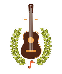 Acoustic guitar with laurel wreath vector emblem for festival or concert or player isolated on white, live music theme, logo for musical recording label, instruments shop.