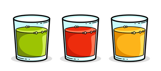 Juice set of green red and orange in a glasses isolated on white background vector illustration, cartoon style logo or badge for pure fresh juice, diet food beverage delicious and healthy.