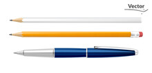 Set Of Ballpoint Pen, Yellow Pencil, White Pencil. Templates For Applying Logos. 3D Style. Realistic. Office Supplies For The Office, School, Institute. Isolated On A White Background.