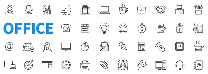 Wall Mural - Office icons set. Contains such icons as office, chair, coffee, time, manager, workspace, computer, desk and more. Outline web icon collection. Line style - stock vector.