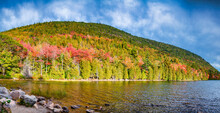Eagle Lake And Foliage Trees Colors In Acadia National Park, Maine, Panoramic View.