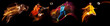 © master1305 - Collage of images of professional soccer and american football players in motion and action isolated on dark background in neon mixed light.