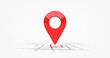 Red location symbol pin icon sign or navigation locator map travel gps direction pointer and marker place position point design isolated on white graphic road mark destination background. 3D render.