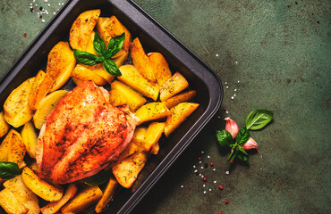 Wall Mural - Baked chicken breast with golden potatoes in baking dish on dark background, top view