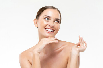 Wall Mural - Smiling young beautiful Caucasian woman with healthy clear fresh skin on white isolated studio background