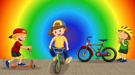 Wall Mural - Children doing different activities on rainbow gradient background