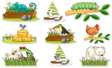 Canvas Print - Sticker set with different wild animals and nature elements