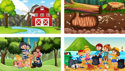 Wall Mural - Four different scenes with children cartoon character