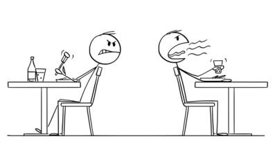 Sticker - Person Burping After Eating Lunch or Dinner in Restaurant, Vector Cartoon Stick Figure Illustration