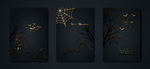 Halloween Party, Set Gold Cards Spooky Dark Background, Silhouettes Of Characters And Scary Bats With Gothic Haunted Castle, Horror Theme Concept, Scary Pumpkin And Dark Graveyard, Vector Templates