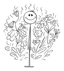 Wall Mural - Happy Person Smelling Flowers , Vector Cartoon Stick Figure Illustration