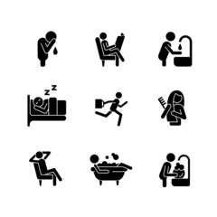 Wall Mural - Daily living black glyph icons set on white space. Commonplace day-to-day human life. Spending leisure time. Ordinary household chores. Silhouette symbols. Vector isolated illustration