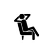 Relax black glyph icon. Man sitting in relaxed pose. Human taking break from work. Person sitting in armchair with legs crossed. Silhouette symbol on white space. Vector isolated illustration