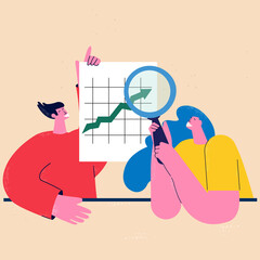 Canvas Print - Business growth concept, arrow showing progress, business monitoring and evaluation, analyzing, chart rise, graph going up, business people at work flat vector illustration