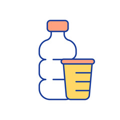 Wall Mural - Plastic bottle and cup RGB color icon. Cup for measuring liquid amount. Closed water bottle. Liquid products storage units. Isolated vector illustration. Simple filled line drawing