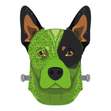 Halloween Greeting Card. Australian Cattle Dog Colored In Green And Dressed As A Monster With Screws In The Neck