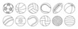 Sports ball line sketch set. Black doodle outline icon. Vector freehand illustration. Football, basketball, volleyball, baseball, rugby, billiards, tennis, golf, children's, beach, fitness equipment