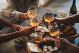 Fototapeta Uliczki - Friends having wine tasting or celebrating event with wine