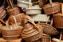 Big Number Of Beautiful Vintage Wicker Baskets In Different Sizes. Easter Supplies