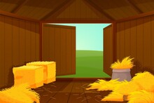 Inside Barn House. Cartoon Farm Wooden, Hay Or Straw Inside. Door Open Into Meadow, Shed For Instruments And Agriculture Tools Recent Vector Scene