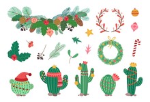 Winter Holiday Decorations. Christmas Wreath, Scandinavian Style Branches And Xmas Tree Toys. Leaves, Red Berries And Cacti With Festive Garlands Vector Clipart