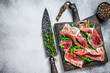 Sliced Spanish Jamon Serrano ham or Prosciutto Crudo Parma ham. White background. Top view. Copy space