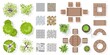 Landscape design elements top view. Vector set. Collection of outdoor wooden furniture, plants, trees, tile. Architectural elements in flat style. Tables, benches, chairs. Isolated vector Illustration