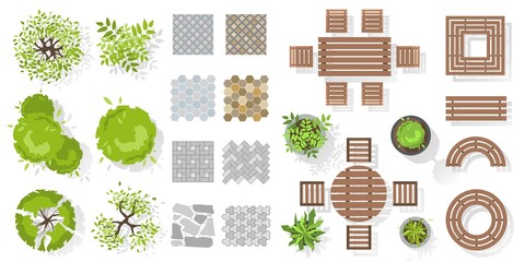 Wall Mural - Landscape design elements top view. Vector set. Collection of outdoor wooden furniture, plants, trees, tile. Architectural elements in flat style. Tables, benches, chairs. Isolated vector Illustration