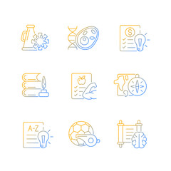 Sticker - Various school subjects gradient linear vector icons set. Humanities and applied sciences. Health course in schools. Thin line contour symbols bundle. Isolated outline illustrations collection