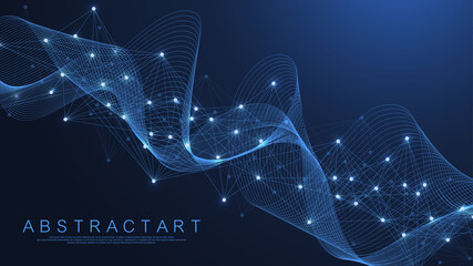 Technology abstract lines and dots connection background. Connection digital data and big data concept. Digital data visualization. Waves flow. Quantum explosion technology. Vector illustration.