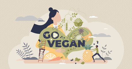 Go vegan as green and raw food eating for healthy diet tiny person concept. Lifestyle with vegetables, greens, plants or fruits consumption and exclude meat or animal products vector illustration.