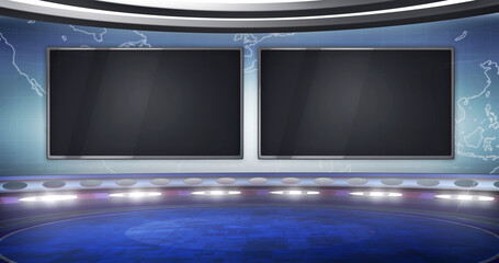 Wall Mural - Virtual background with 2 empty monitors, ideal for tv news reportage, or infomercials. A 3D illustration, suitable on VR tracking system sets, with green screen