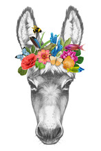Portrait Of Donkey With A Floral Crown.  Flora And Fauna. Hand-drawn Illustration, Digitally Colored.