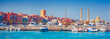 HURGHADA, EGYPT - September 22, 2021 : Marina with tourist boats on Red Sea in sunny day, view from the sea.
