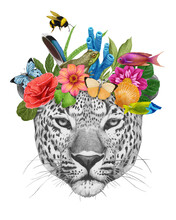 Portrait Of Leopard With A Floral Crown.  Flora And Fauna. Hand-drawn Illustration, Digitally Colored.