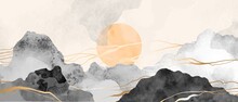 Mountain, Hills, Sun, Clouds Abstract Art Vector. Luxury Oriental Style Pink, Blush, Black, Grey Colors Watercolor.