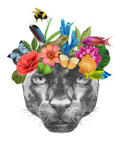 Portrait Of Panther With A Floral Crown.  Flora And Fauna. Hand-drawn Illustration, Digitally Colored.
