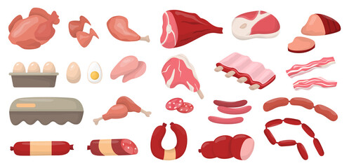 Wall Mural - Red meat and eggs set. Collection of beef and pork steak, ham, fillet