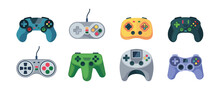 Game Controllers. Gamepad Video Console Computer Items Garish Vector Flat Pictures