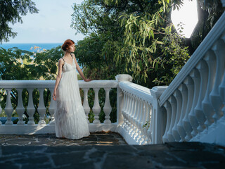 Woman in white dress greek woman nature green leaves landscape rest park