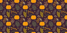  Thanksgiving Autumn Decorative Seamless Pattern With Pumpkins And Botanicals