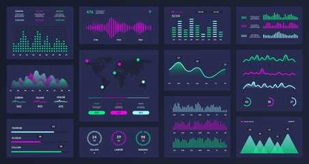 Wall Mural - Technology chart infographic. Admin data app, interactive business dashboard, HUD tech website screen. Vector diagrams