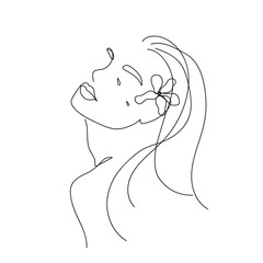 Wall Mural - Woman is crying. Vector black and white illustration, portrait, line art. Girl with flower in a hair. Neck, face, hair. Beauty. Line drawing, simple, trendy print design