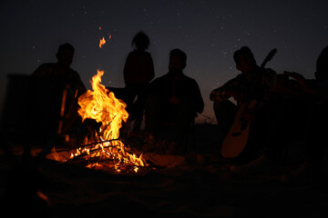 Group of friends gathering around bonfire at night. Camping season