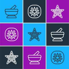 Wall Mural - Set line Mortar and pestle, Pentagram and in circle icon. Vector