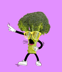 Contemporary art collage. Funny shouting broccoli isolated over purple background. Drawn vegetables in a cartoon style. Funny meme emotions.