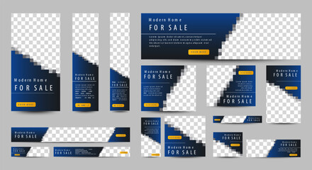 Real Estate banner design web template Set, Horizontal header web banner. Modern Gradient Blue cover header background for website design, Social Media Cover ads banner, flyer, invitation card