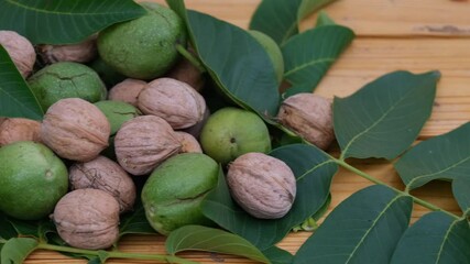 Wall Mural - Heap of walnuts with leaves on a wooden background 